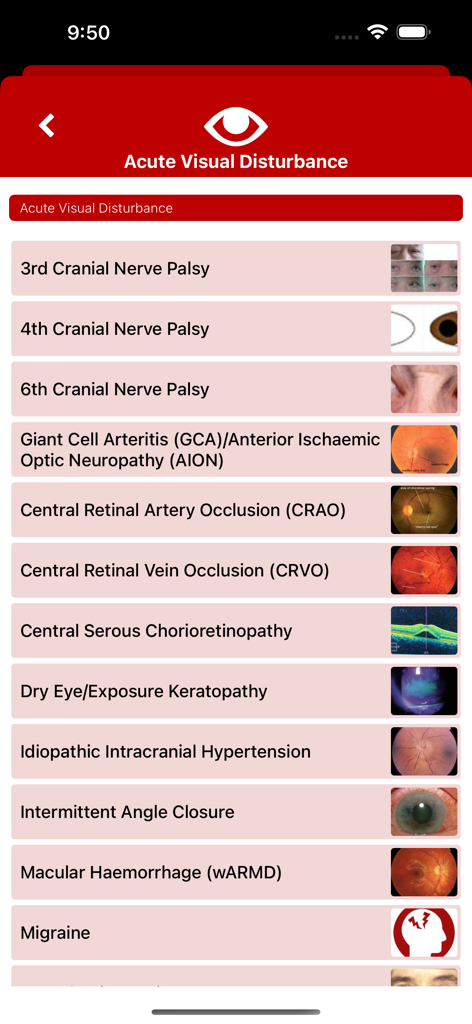 Eye Emergency Manual - List of medical conditions for acute visual disturbance in the Eye Emergency Manual app including nerve palsies and retinal occlusions