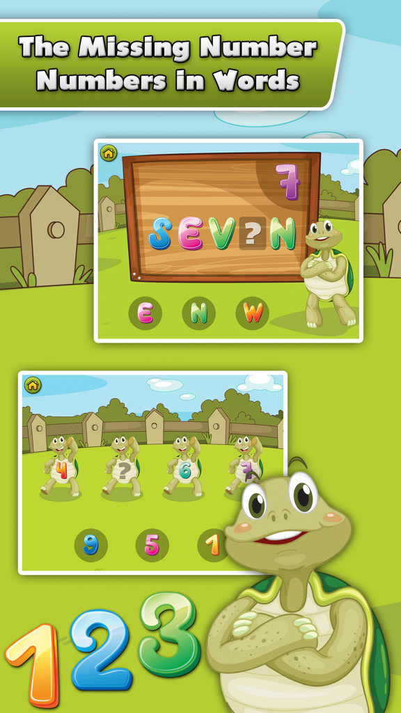 Turtle Math for Kids - Children Learn Numbers, Addition and Subtraction - Screenshot of Turtle Math for Kids showing number spelling and sequence puzzles with a friendly turtle mascot