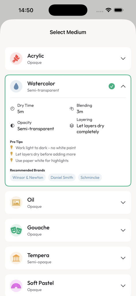 Palette Master - Interface of the Palette Master app showing a selection of paint mediums with detailed watercolor properties