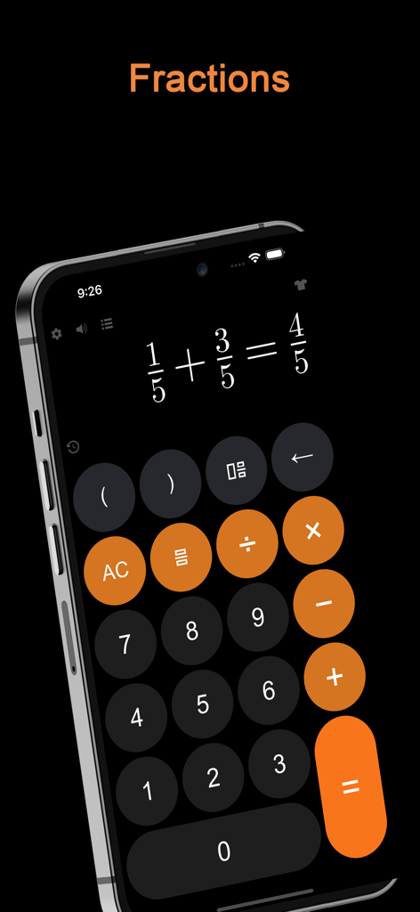 DayCalc - Note Calculator - An iPhone screen displaying a fraction addition calculation within the DayCalc app using a dark theme with orange highlights.