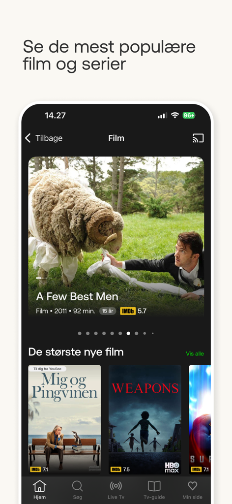 YouSee Play - YouSee Play app screenshot showing a selection of popular movies and series in Danish.