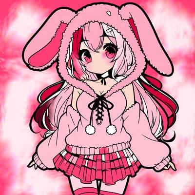 pretty anime girl wearing a fluffy hoodie with bunny ears on the hood and a skirt
