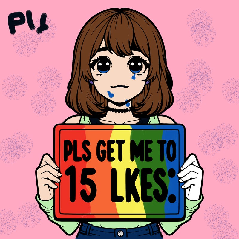 realistic girl holding up a sign that says “pls get me to 15 likes!”