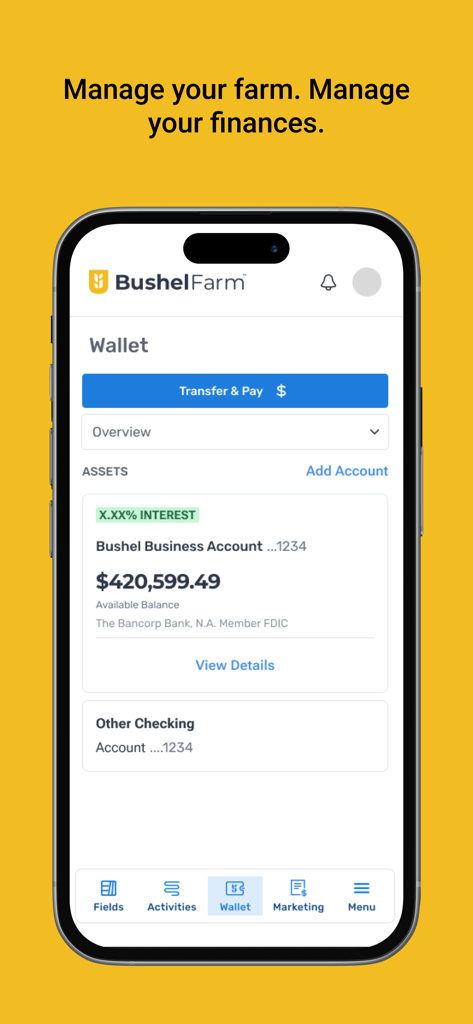 Bushel Farm - Pantalla de la billetera de la aplicación móvil Bushel Farm que muestra el saldo de una cuenta empresarial y funciones de gestión financiera para agricultores