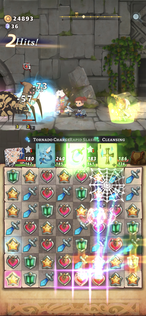A gameplay screenshot of Hero Emblems II showing a match-3 puzzle board and a side-scrolling battle against a giant spider.