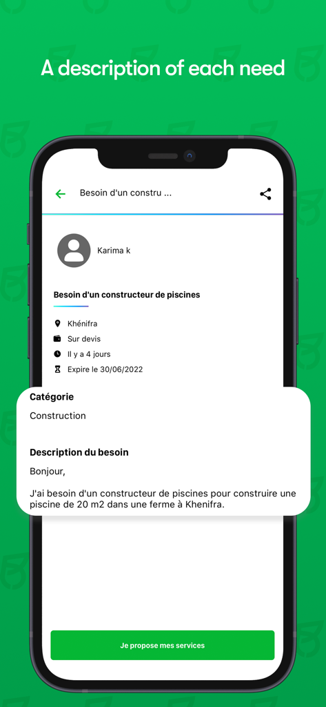 Jobbers: Jobbing and Freelance - A detailed job posting on the Jobbers app for a pool builder service request