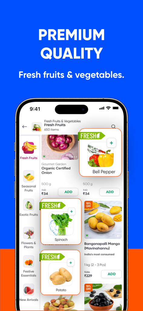 Instamart: Groceries & more - Tela do aplicativo móvel mostrando uma seleção de vegetais e frutas frescas com um rótulo de qualidade premium