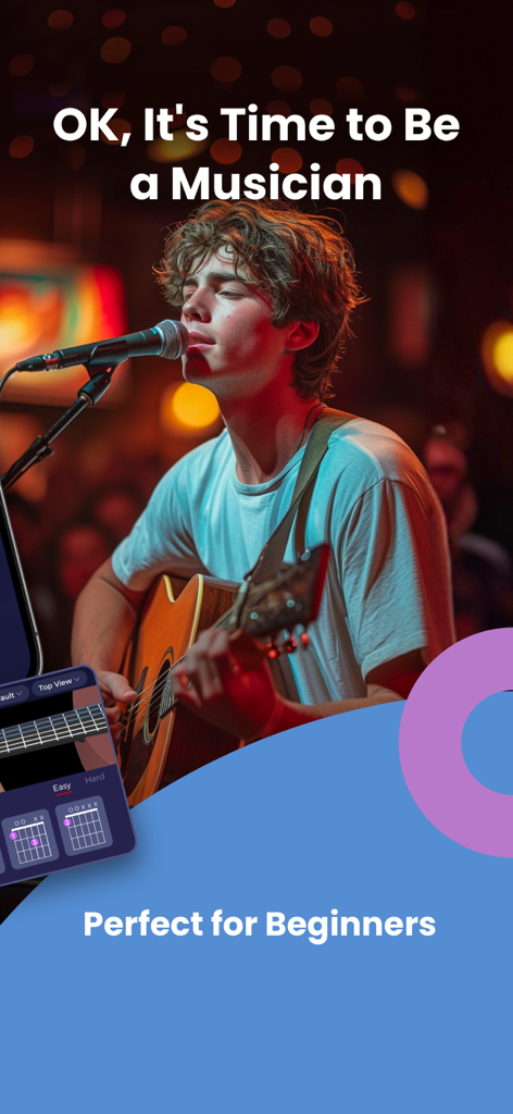 OKMusician: Guitar & Ukulele - Young man playing acoustic guitar and singing on stage with OKMusician app interface overlay for beginner lessons.