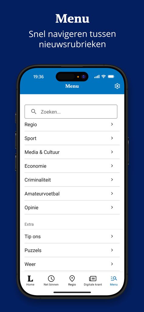 Navigation menu of De Limburger Nieuws app displaying news categories and search bar