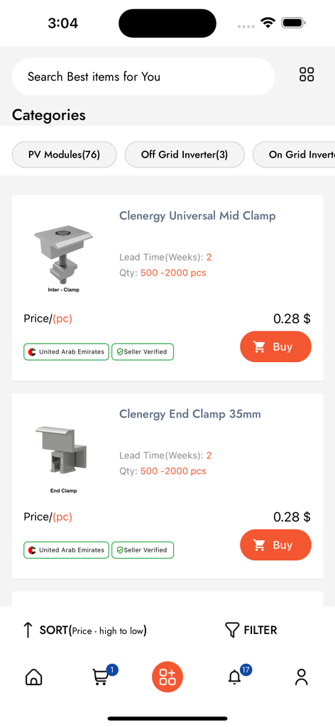 Interface of the pvmarket app showing bulk listings for solar mounting clamps with pricing and lead times.