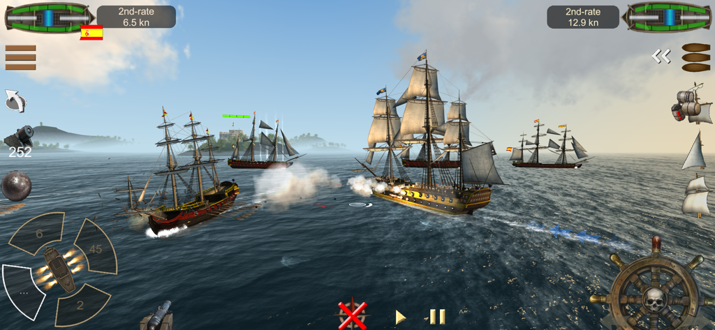 The Pirate: Caribbean Hunt - A tactical naval battle between several historic sailing ships in a blue ocean under a clear sky with game interface elements