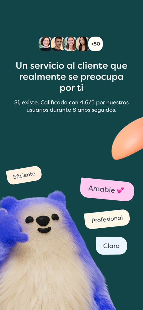 Alan España Seguro de Salud - 친근한 파란색 마스코트와 함께 5점 만점에 4.6점의 고객 서비스 등급을 강조하는 Alan 건강 보험 앱 스크린샷