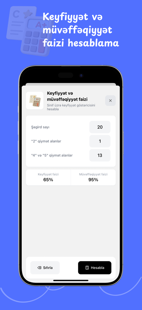 Təhsil Kalkulyatoru - 生徒の品質と成功のパーセンテージを計算するための計算機を表示するスマートフォンの画面。