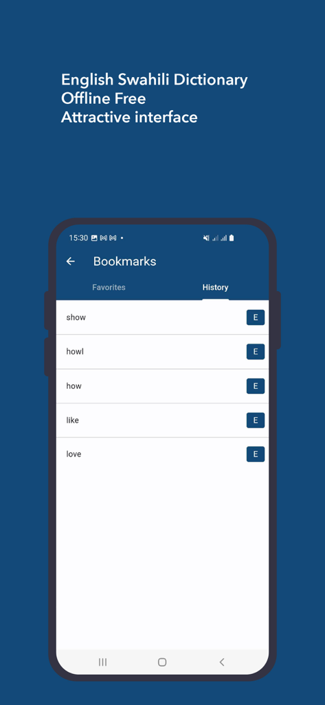 English Swahili Dictionary - Screenshot of the English Swahili Dictionary app displaying the search history tab with a list of recently translated words.