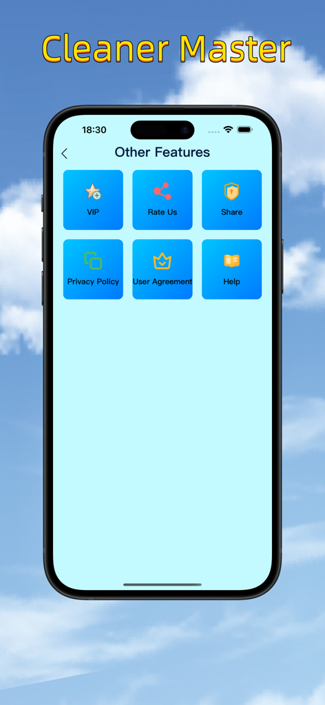 Menú de configuración de la aplicación Cleaner Master que muestra opciones para VIP y política de privacidad