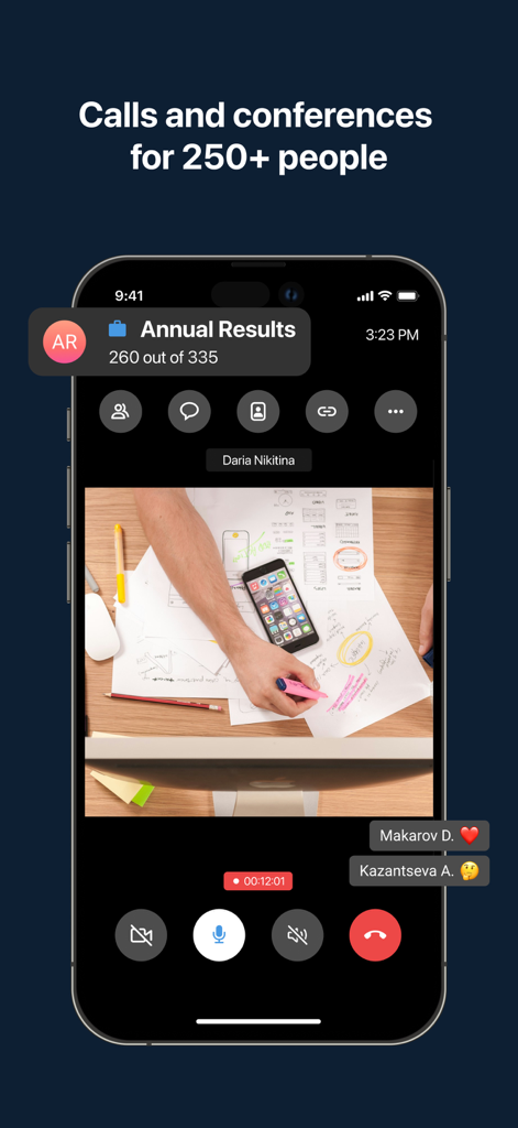 Interface of the SuperN app showing a video conference call for large groups with professional tools
