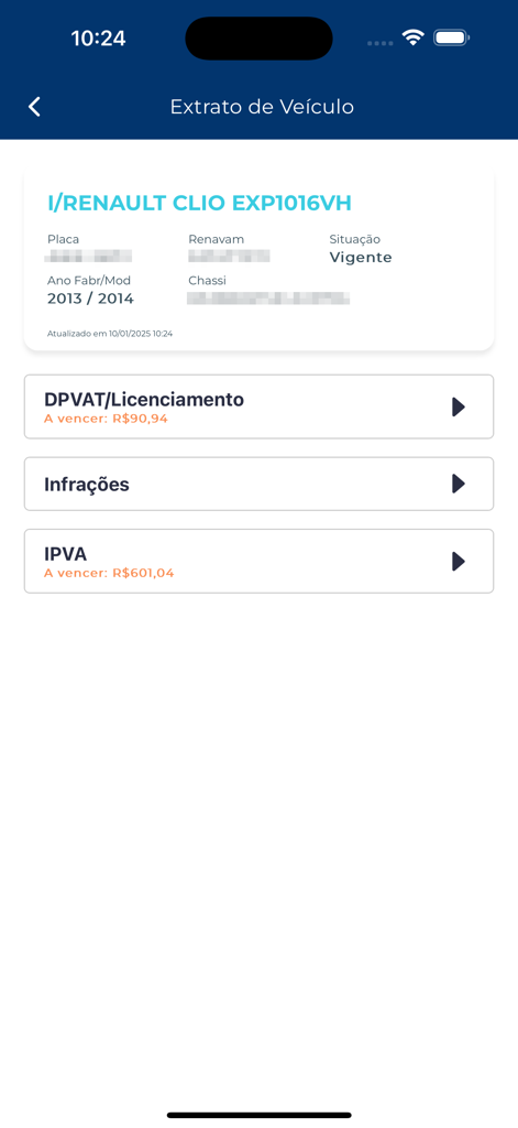 Detran/PR InteliGENTE - Detran PR app screen showing vehicle statement with car details and pending taxes like IPVA and DPVAT