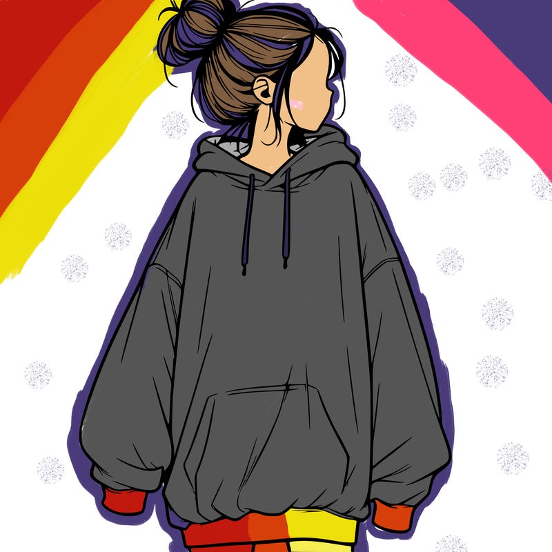 realistic girl with a oversized sweatshirt on and a bun