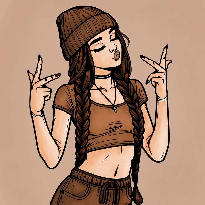 realistic teenage girl with braids and a beanie and crop top doing 🫶🏼