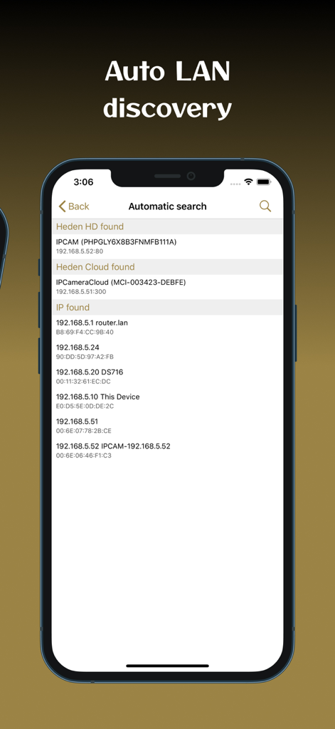 Interface do aplicativo Heden VisionCam mostrando resultados de pesquisa automática para câmeras IP em uma rede local