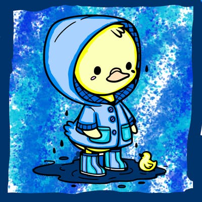 baby duck in a rain coat and boots, in a puddle while it’s raining