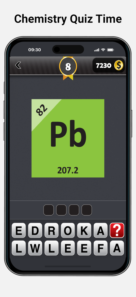 Periodic Table: Elements Quiz - A mobile chemistry quiz showing the symbol Pb and a grid of letters to guess the element name.