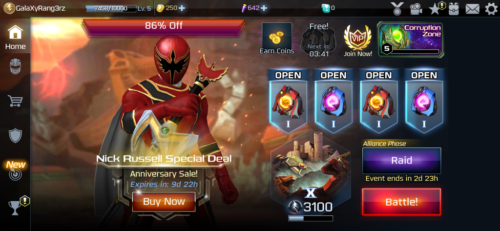 Main menu screen of Power Rangers Legacy Wars featuring the Red Ranger and game navigation interface