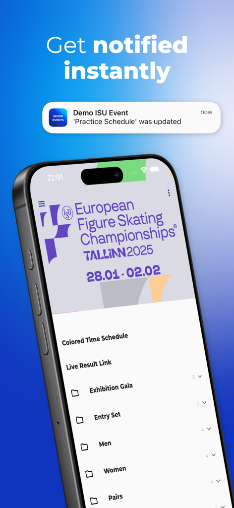 ISU Events - An iPhone displaying the ISU Events app interface with a push notification for a practice schedule update.