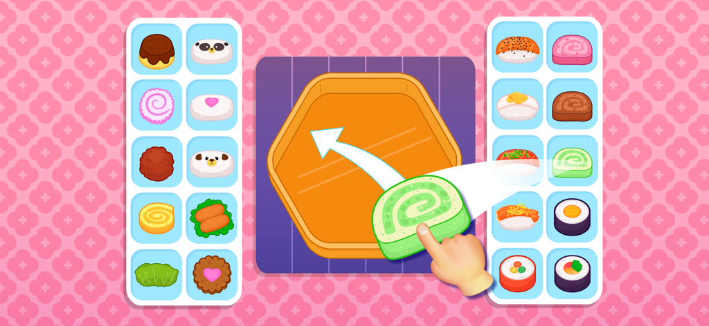 Sushi Maker—Kids Cooking Games - A gameplay screen showing a hand dragging a green sushi roll into a wooden tray with various colorful sushi options on the sides