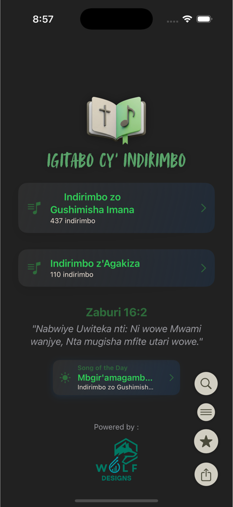 Home screen of the Igitabo cy Indirimbo Kinyarwanda hymnbook app showing song categories and a Bible verse