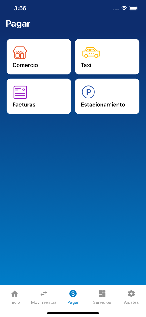 Tuapp Billetera Electronica - Tuapp wallet screen displaying payment icons for commerce, taxi, bills, and parking