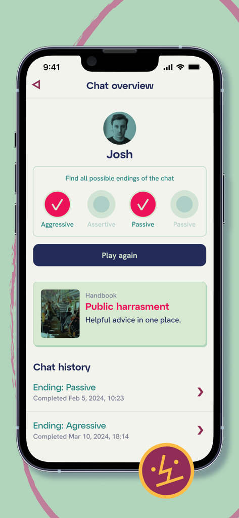 OMG! - A chat overview screen in the OMG app showing different conversation endings and a handbook link for public harassment advice