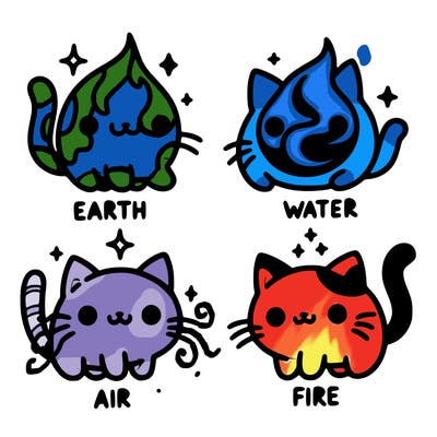 4 cats that represent the different elements, earth, water, air, and fire