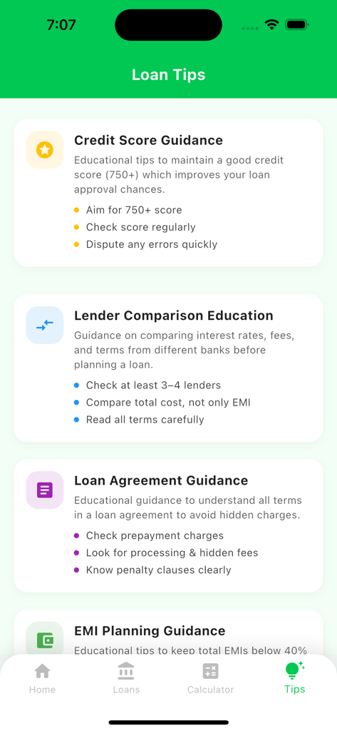 Easy Loan -Loan EMI Calculator - Mobile app screen displaying educational loan tips including credit score and lender comparison guidance