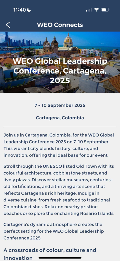 WEO Connects - Captura de tela do aplicativo WEO Connects exibindo informações para a Conferência Global de Liderança da WEO de 2025 em Cartagena, Colômbia