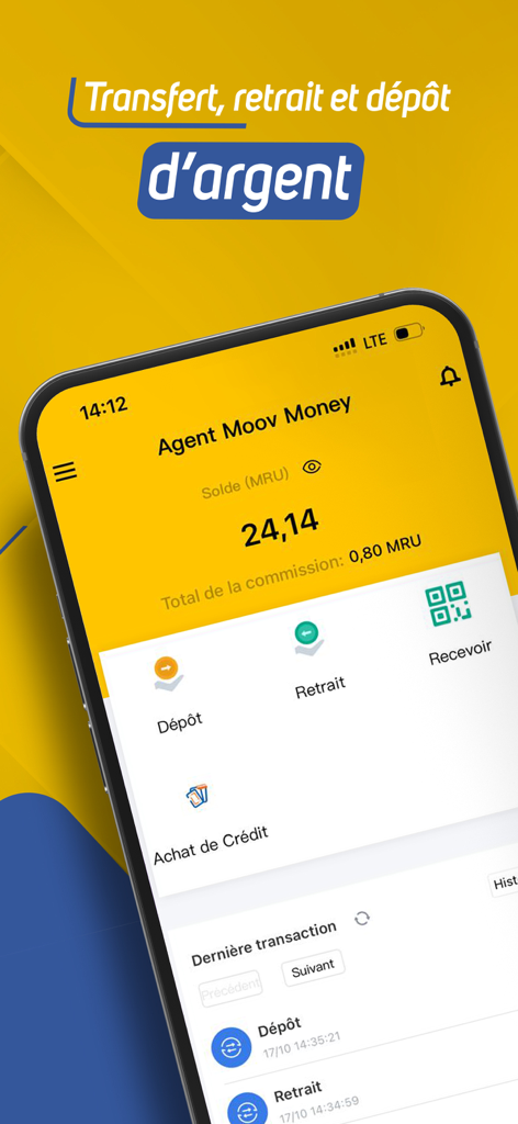 Moov Money Agent - Interface do aplicativo Moov Money Agent para gerenciar depósitos e saques em Ouguiya mauritana