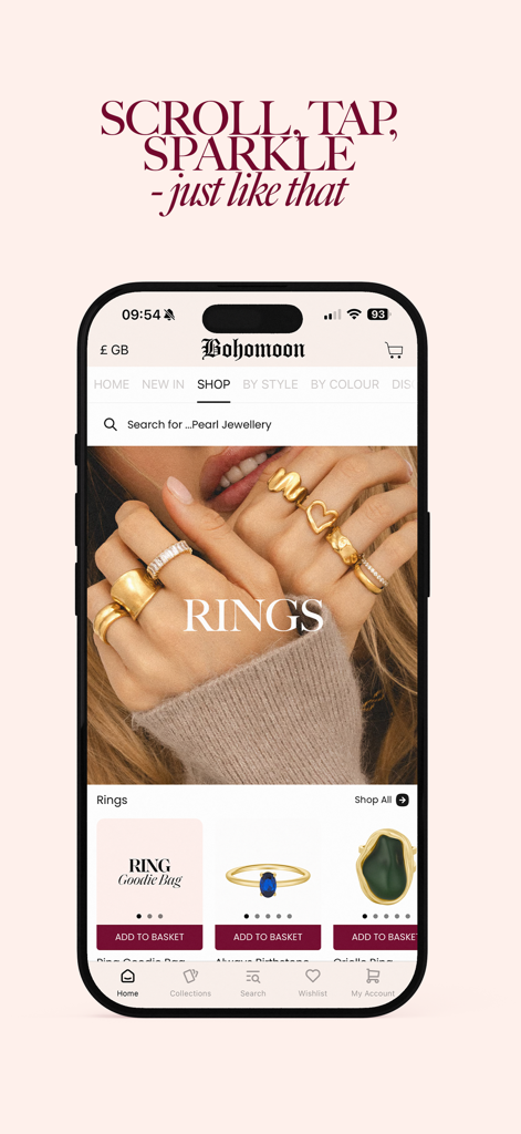 BOHOMOON mobile app interface showing a collection of gold rings on a hand and a product catalog