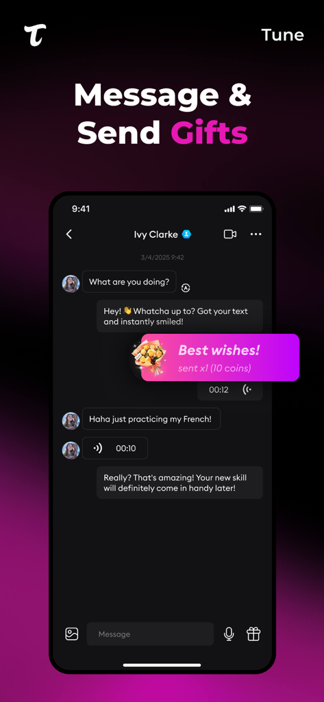 Tune - Livestream & Chat - Private chat interface in the Tune app featuring messages and a digital gift sent to a user