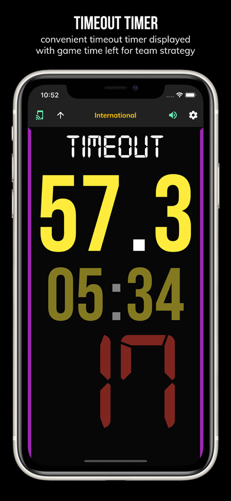 BT Basketball Shotclock - BT Basketball Shotclock app screen showing a timeout timer with 57 seconds remaining
