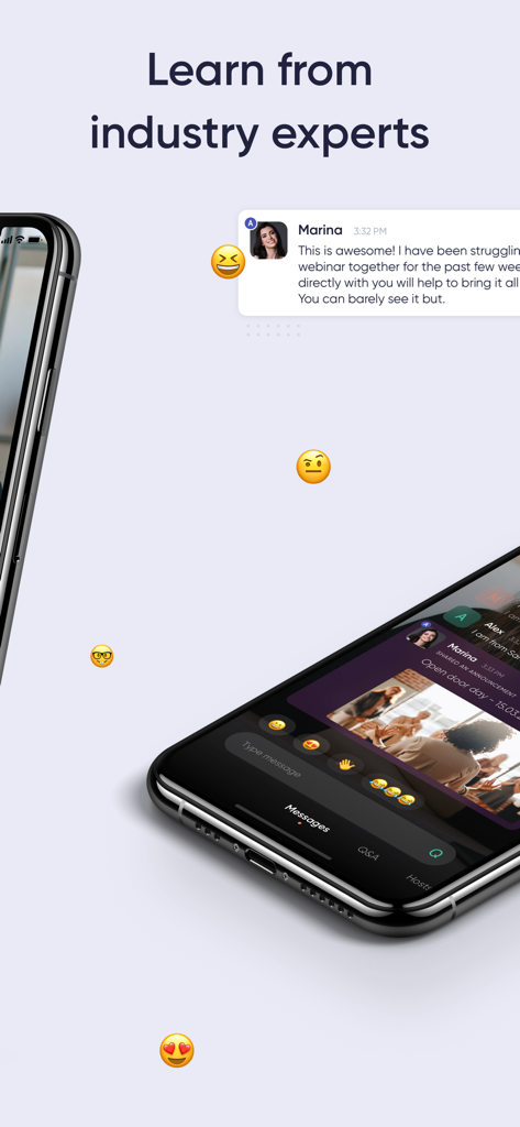 Webby App - iPhone screen showing a live training webinar with a message from a presenter and floating engagement emojis