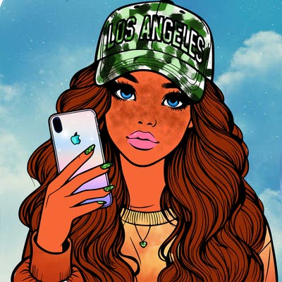 realistic beautiful girl wearing los ángeles cap holding an iphone