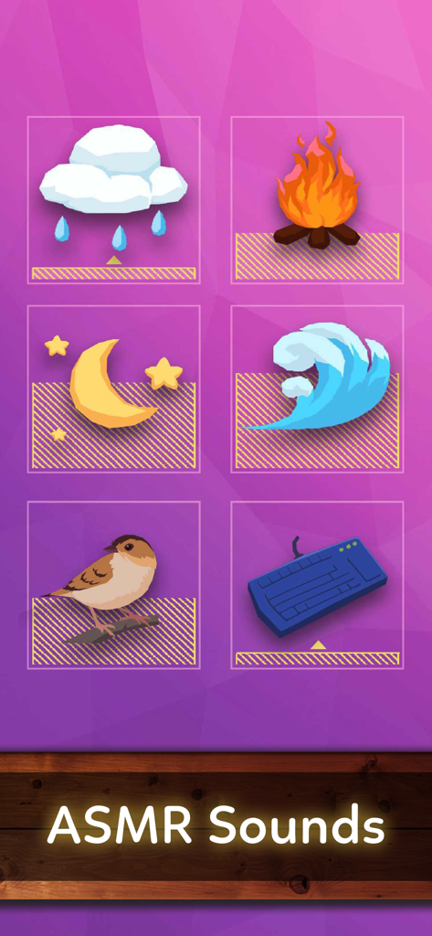 Stress Relief & Relaxing Games - A menu of relaxing ASMR sound options including rain, campfire, and ocean waves icons on a purple background.