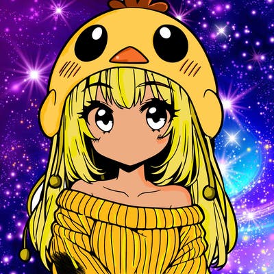 anime girl with chick shaped hat with sweater with bare shoulders with bangs covering them one eye with low tail