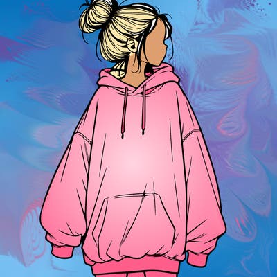 realistic girl with a oversized sweatshirt on and a bun