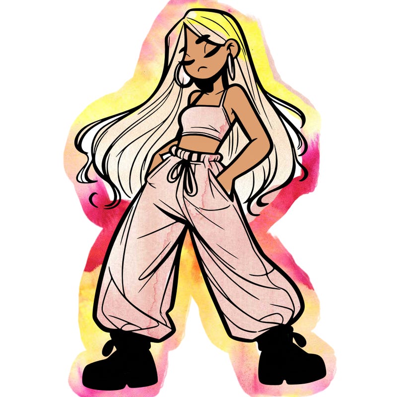 girl in baggy pants crop top and long hair