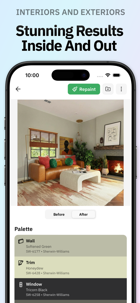 Repaint app interface showing a visualized living room interior with a Sherwin-Williams paint color palette