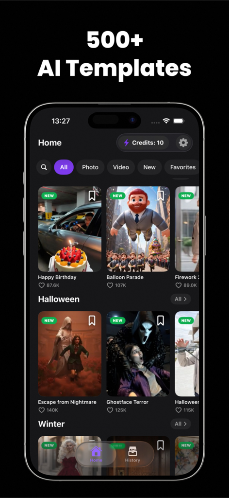 Tooner AI: Photo Editor - Home screen of Tooner AI app showing over 500 creative photo and video templates