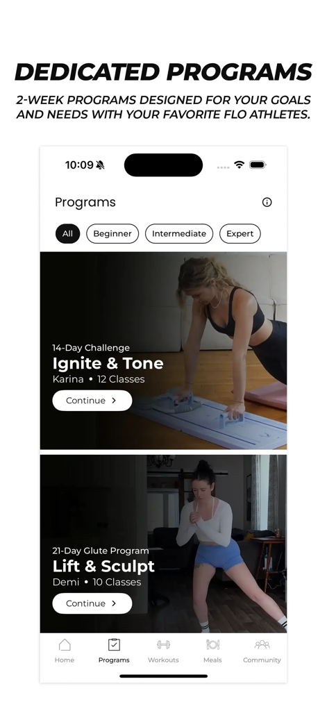 Flo Pilates - Flo Pilatesアプリの画面、専用のフィットネスプログラムとワークアウトチャレンジを表示