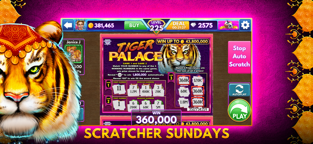 Diamond Sky: Slots & Lottery - Écran du jeu de grattage Tiger Palace dans Diamond Sky Slots