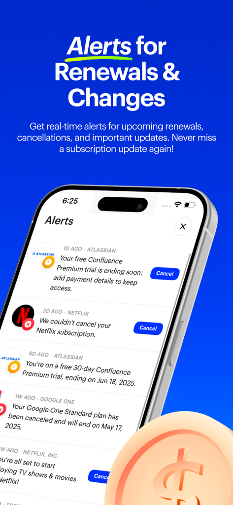 Mobile app dashboard displaying real time alerts for subscription renewals and cancellations